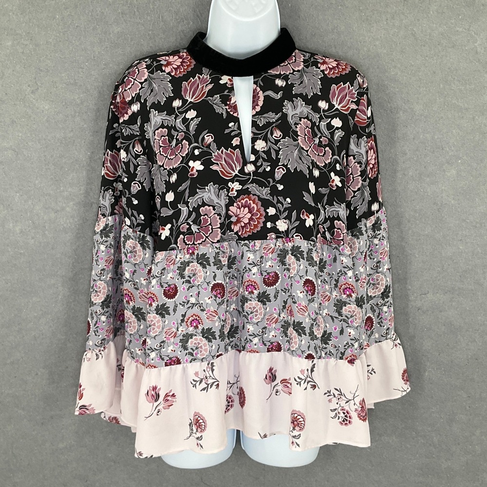 LOFT Top Womens Sz M Floral‎ Keyhole Blouse Velvet Collar Patchwork Multicolor